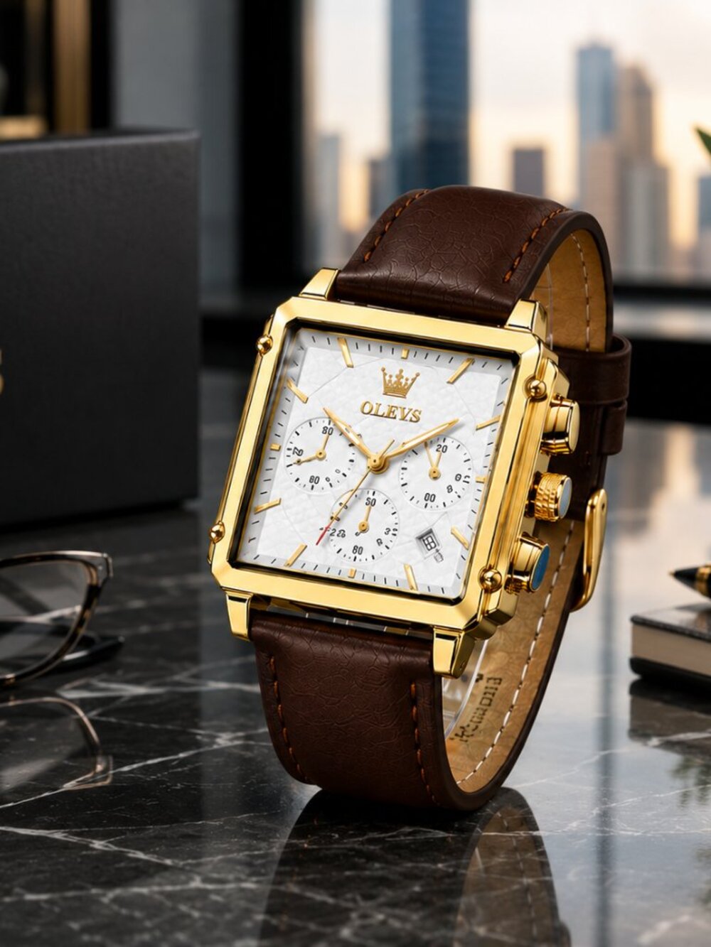 WA-11--OLEVS Gold Square Men's Watch Brown Leather Waterproof Quartz